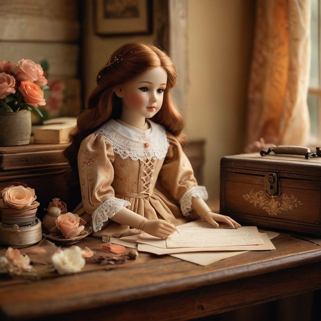 An enchanting vintage doll sitting on a rustic wooden table surrounded by sentimental gifts like an old-fashioned music box and a hand-written letter. Soft warm lighting illuminates the scene, creating a nostalgic atmosphere filled with memories. Delicate floral patterns emerge in the background, enhancing the sense of cherished connections. super-realistic. warm colors. soft focus.