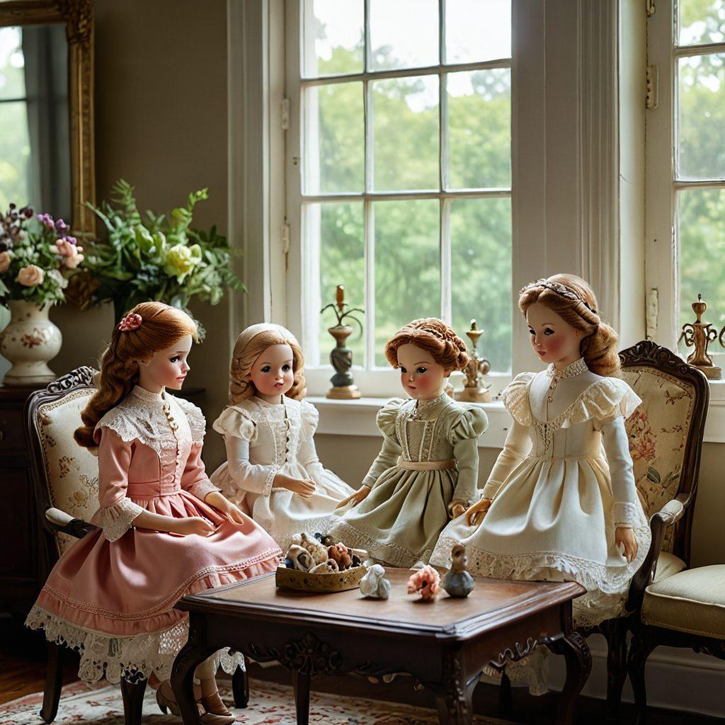 A charming scene featuring vintage dolls beautifully restored and displayed in a cozy living room setting. The dolls wear elegant, colorful outfits and are surrounded by decorative items like lace, family photos, and heirloom boxes, evoking nostalgia and warmth. Soft natural light filters through a window, adding to the inviting atmosphere. super-realistic. vibrant colors. cozy atmosphere.